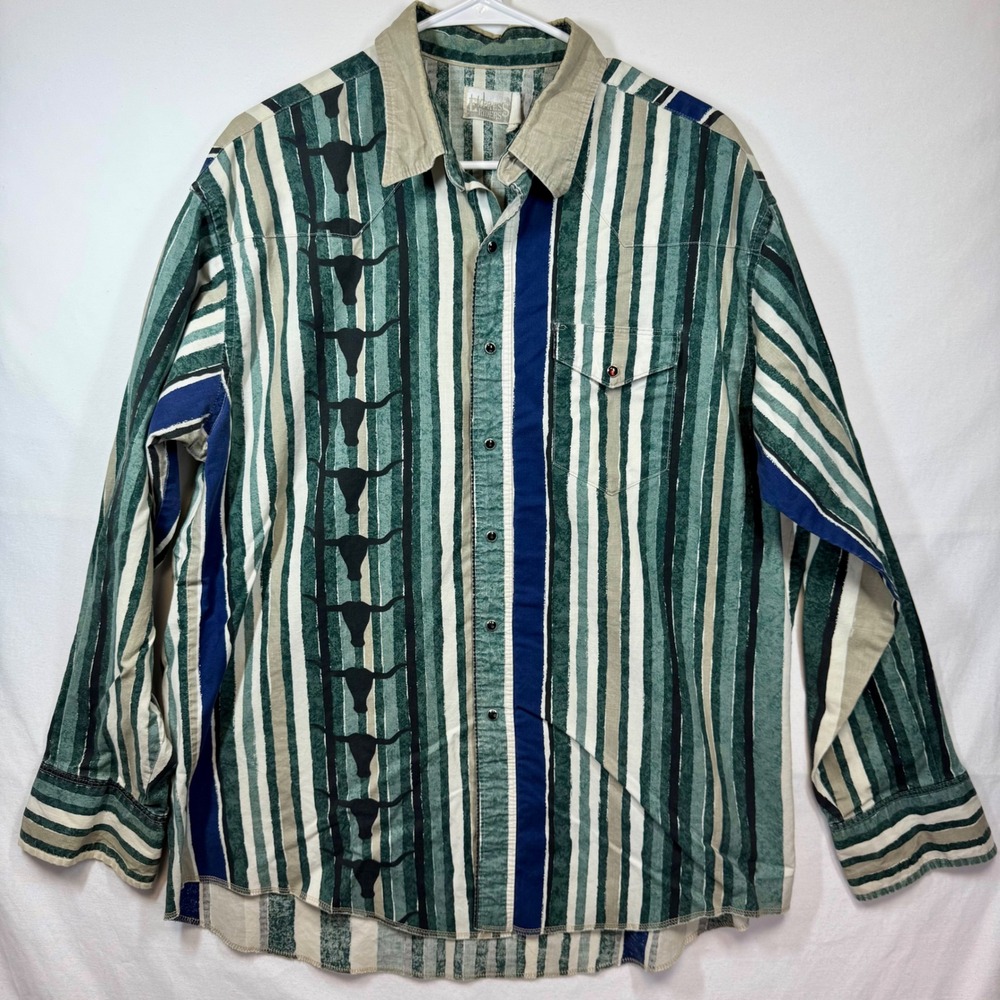 Express Riders Western Shirt Bull Print Striped Cowboy Rodeo Black Snap‎ Size XL